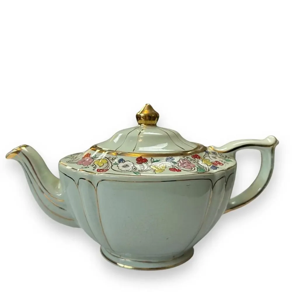 Sadler Teapot Vintage Made In England Green and Gold Guilded Floral Pattern